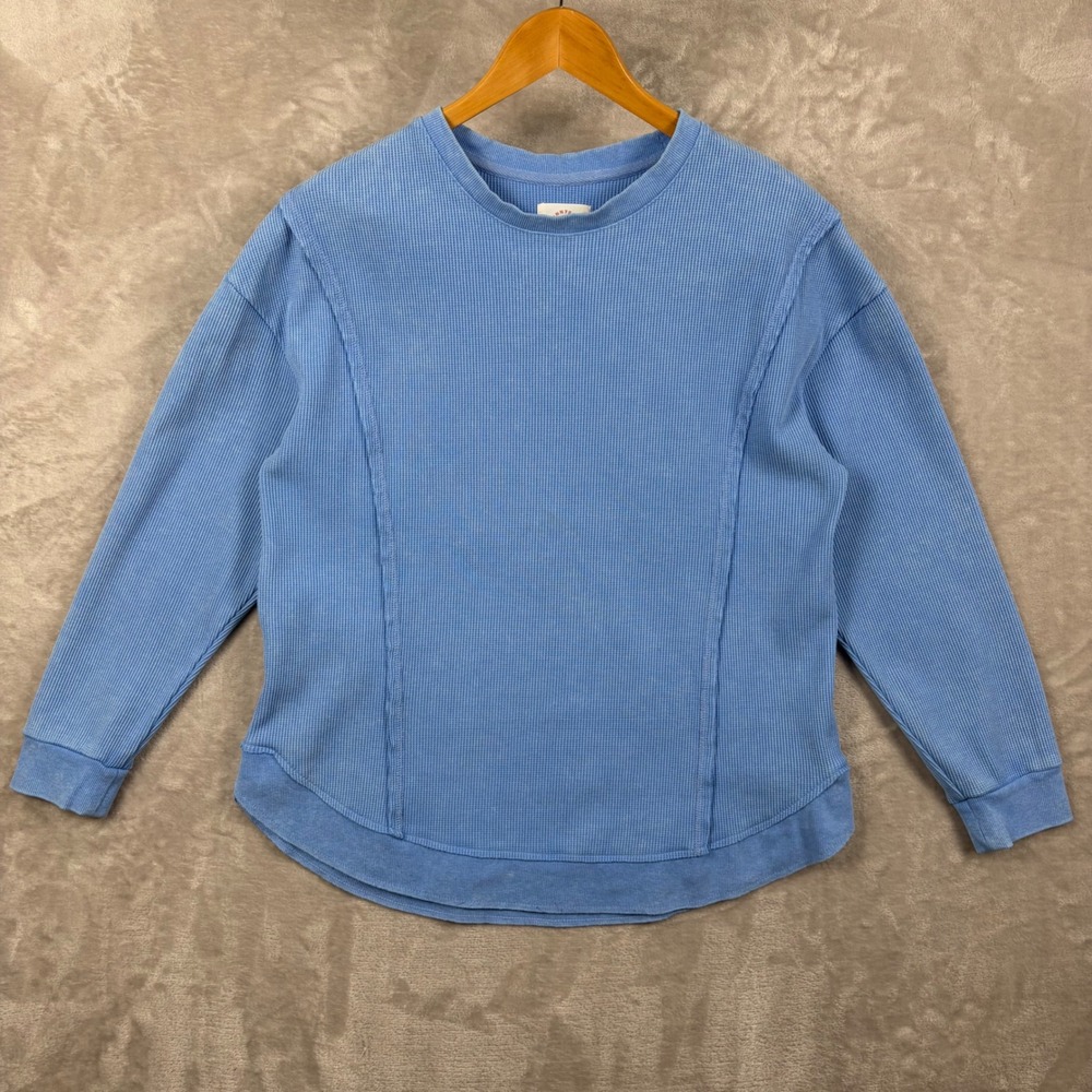 Sunnyside by Sundry Top L Pullover Blue Waffle Knit Thermal Curved Hem Coastal